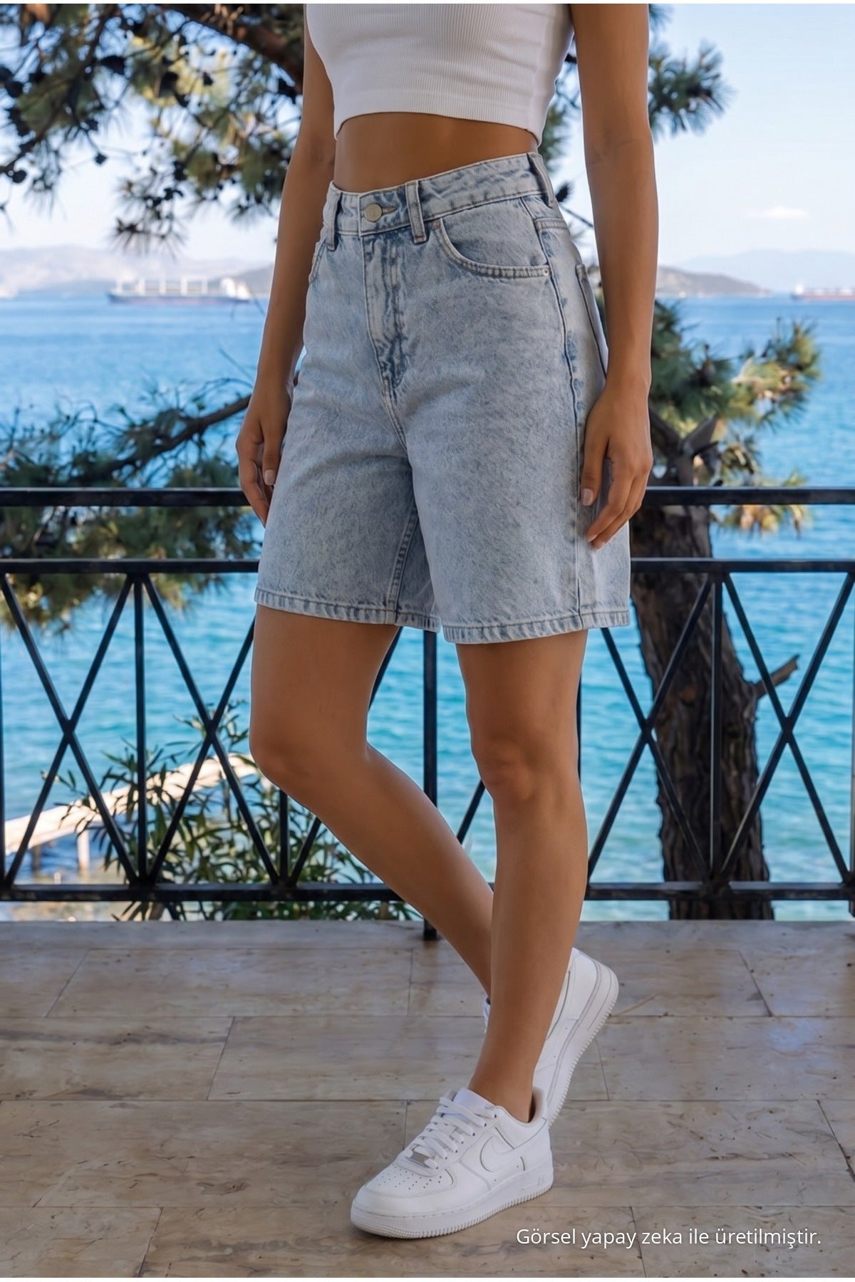 Light blue Women's High Waist Relaxed Fit Snow Wash Jean Shorts - MALLTURK