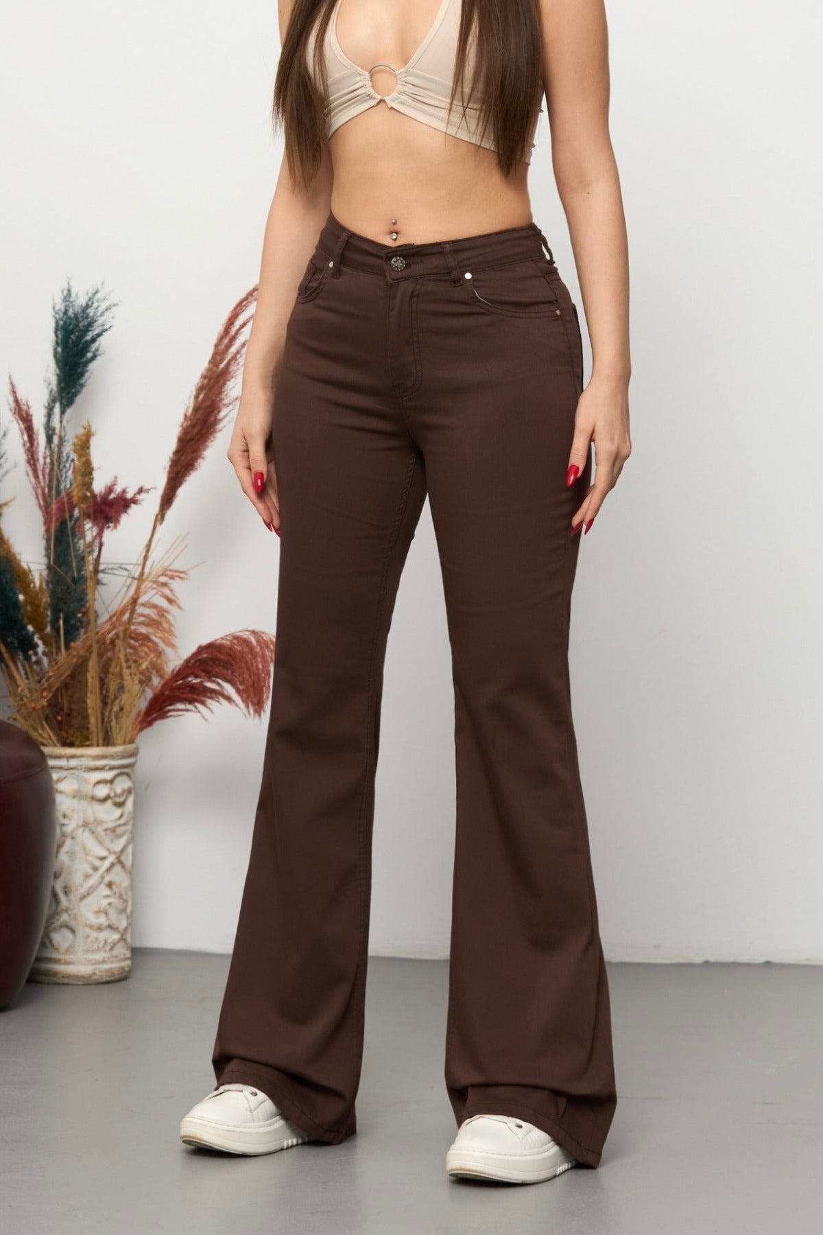 Light Brown High Waist Stretchy/Lycra Flare Trousers - MALLTURK