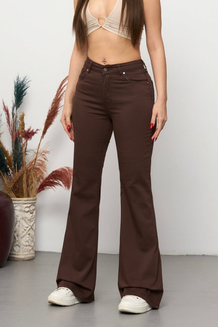 Light Brown High Waist Stretchy/Lycra Flare Trousers - MALLTURK