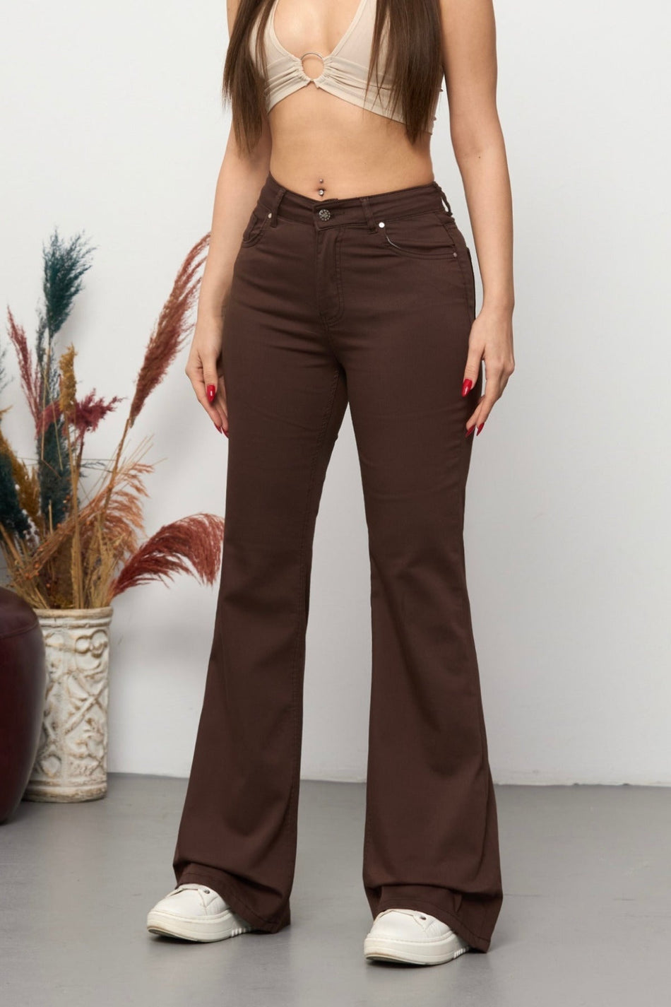 Light Brown High Waist Stretchy/Lycra Flare Trousers - MALLTURK