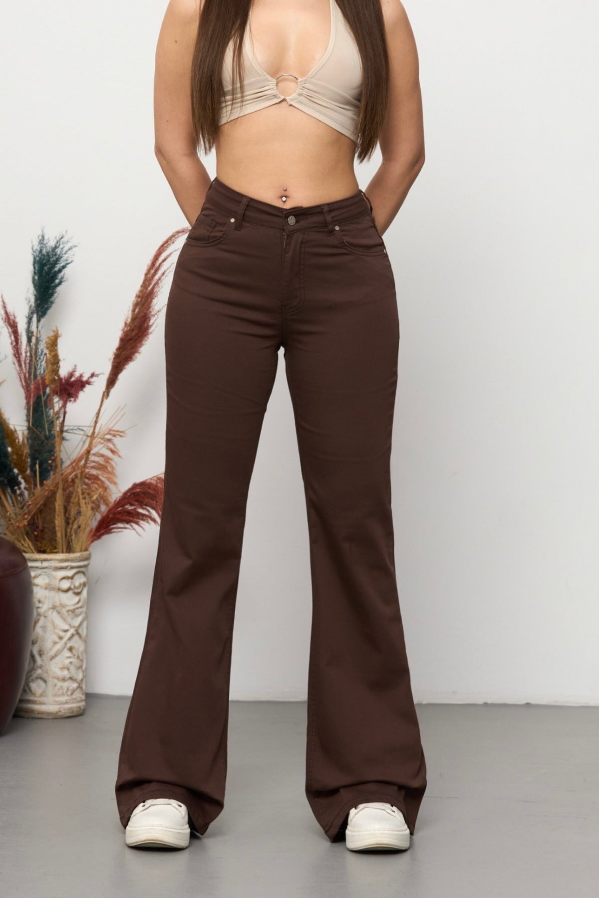 Light Brown High Waist Stretchy/Lycra Flare Trousers - MALLTURK