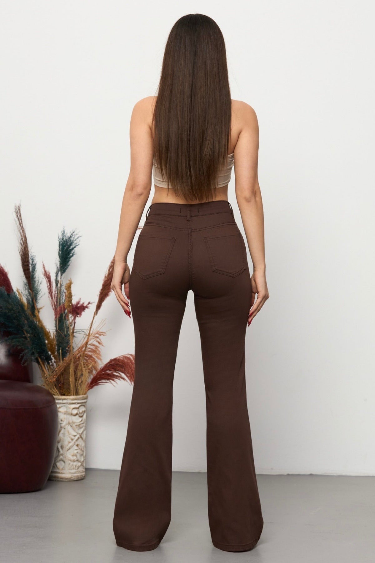 Light Brown High Waist Stretchy/Lycra Flare Trousers - MALLTURK