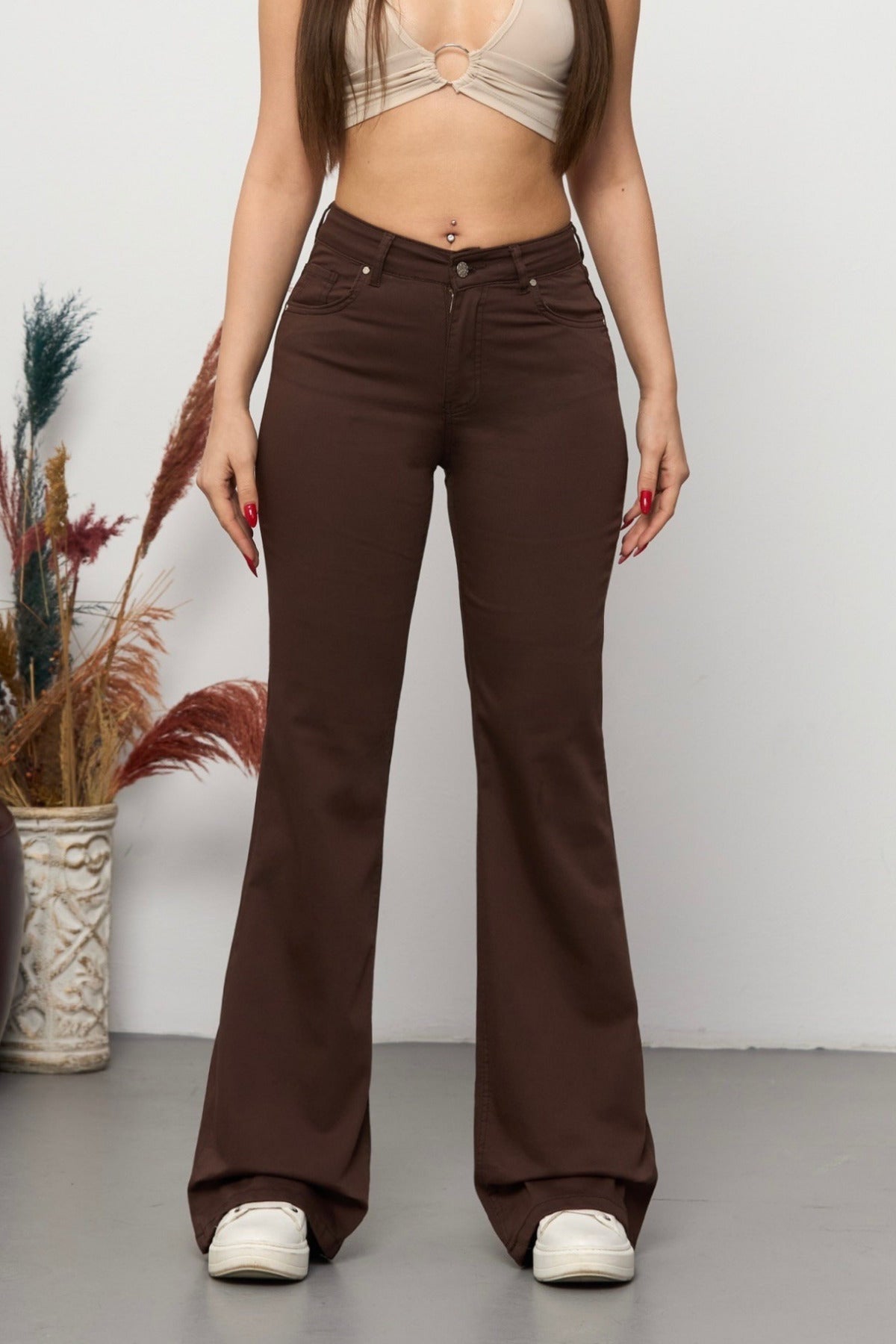 Light Brown High Waist Stretchy/Lycra Flare Trousers - MALLTURK