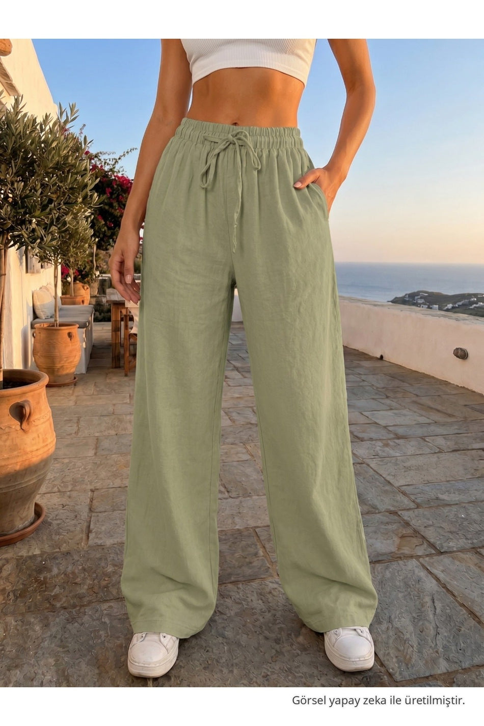 Linen Blend Palazzo Pants with Drawstring Waist, Khaki - MALLTURK