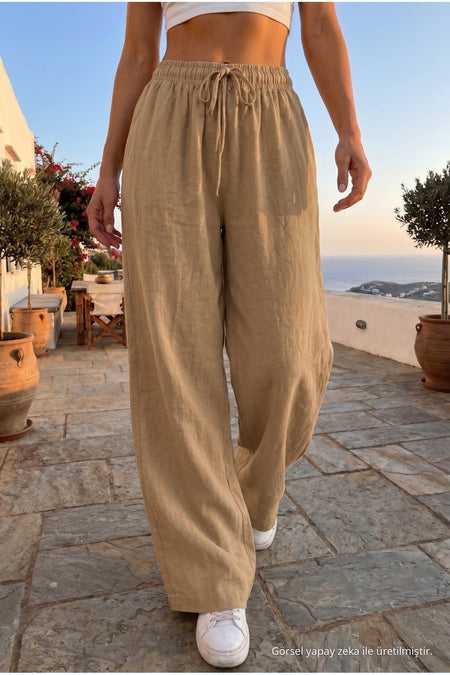 Linen Blend Palazzo Pants with Drawstring Waist, Mink - MALLTURK