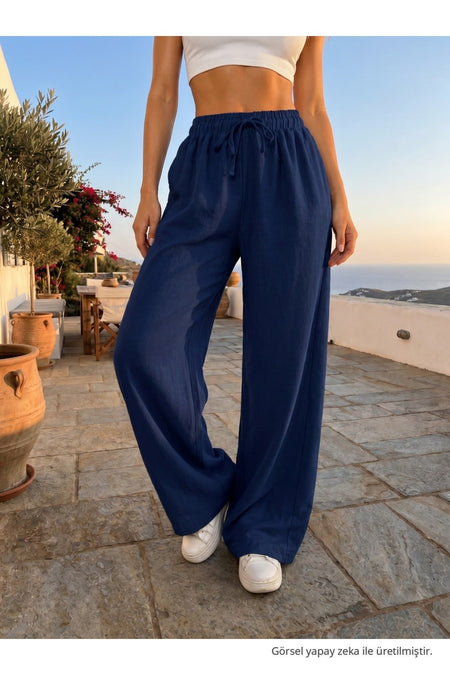 Linen Blend Palazzo Pants with Drawstring Waist, Navy Blue - MALLTURK