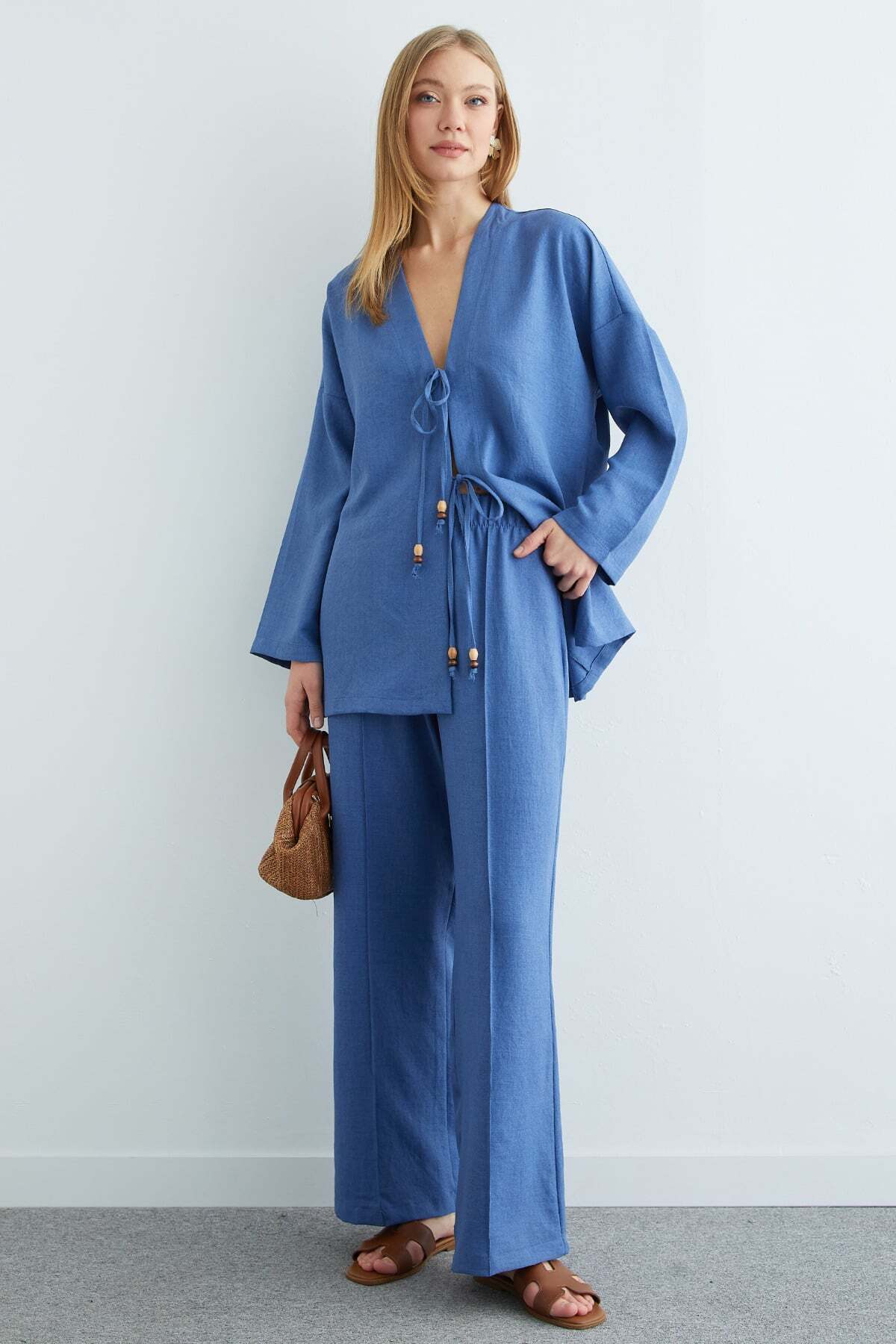 Linen Kimono with Tie Front, 2 Piece Set - MALLTURK