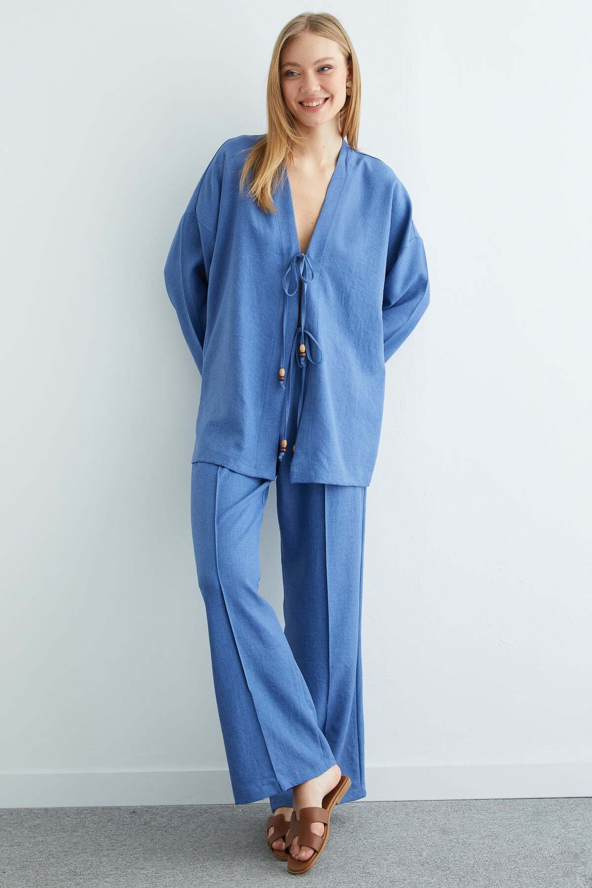 Linen Kimono with Tie Front, 2 Piece Set - MALLTURK