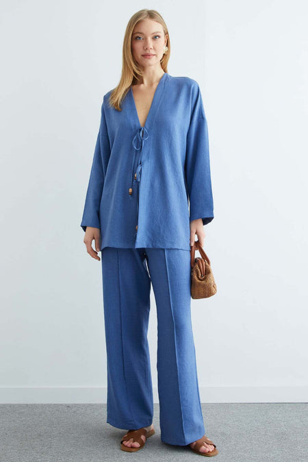 Linen Kimono with Tie Front, 2 Piece Set - MALLTURK