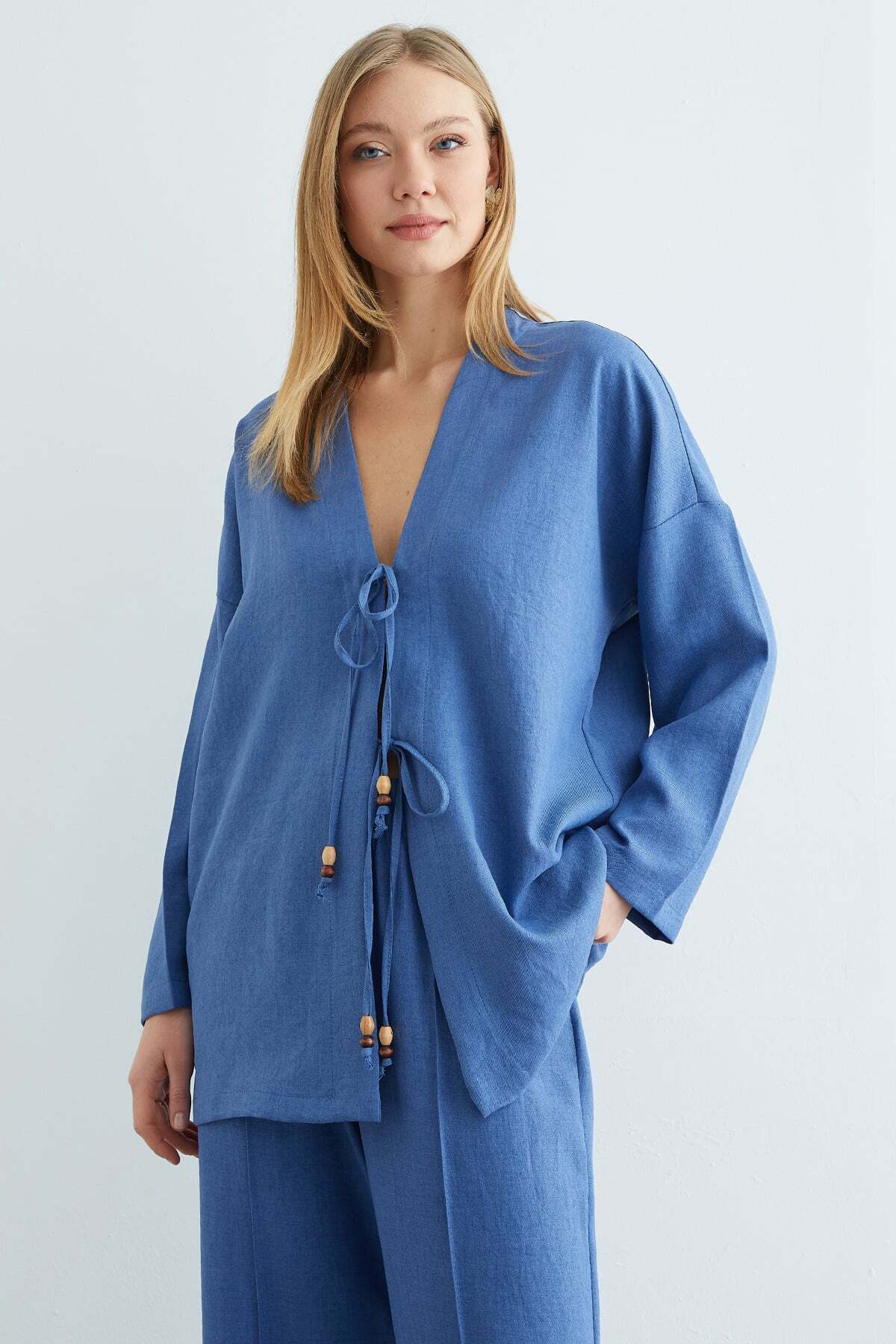 Linen Kimono with Tie Front, 2 Piece Set - MALLTURK