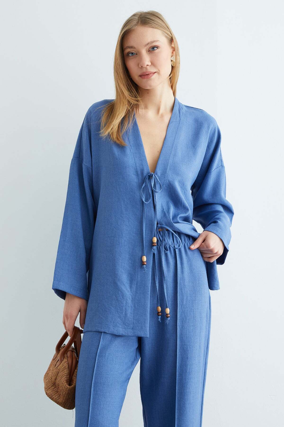 Linen Kimono with Tie Front, 2 Piece Set - MALLTURK