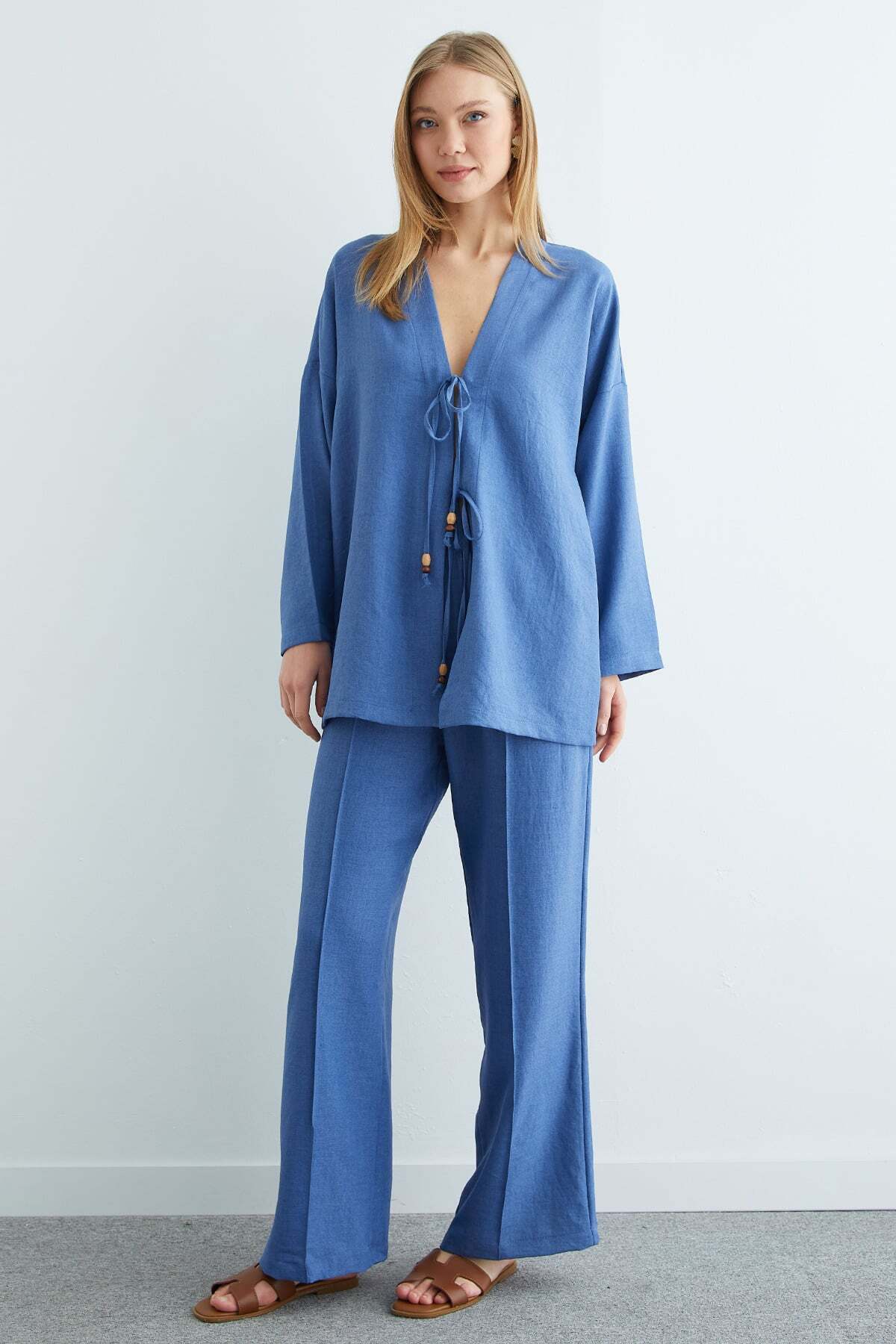 Linen Kimono with Tie Front, 2 Piece Set - MALLTURK