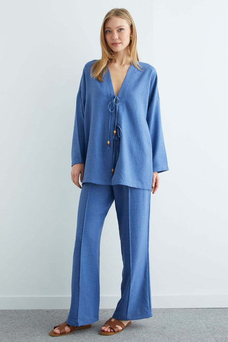 Linen Kimono with Tie Front, 2 Piece Set - MALLTURK
