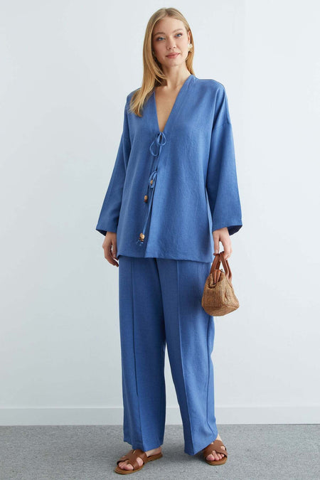 Linen Kimono with Tie Front, 2 Piece Set - MALLTURK