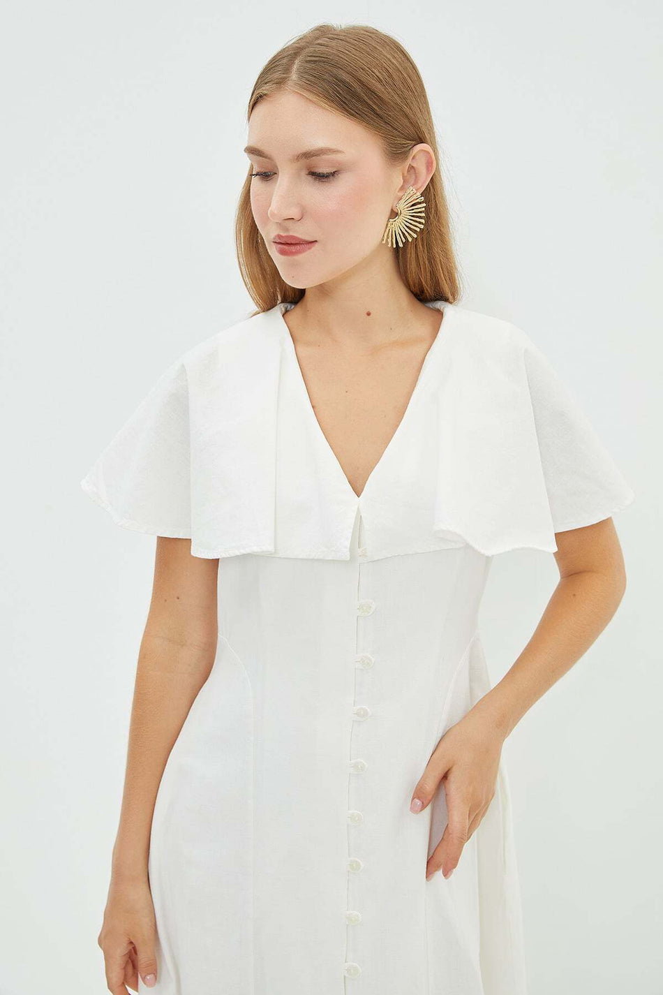 Linen Look Baby Collar Buttoned Dress - MALLTURK