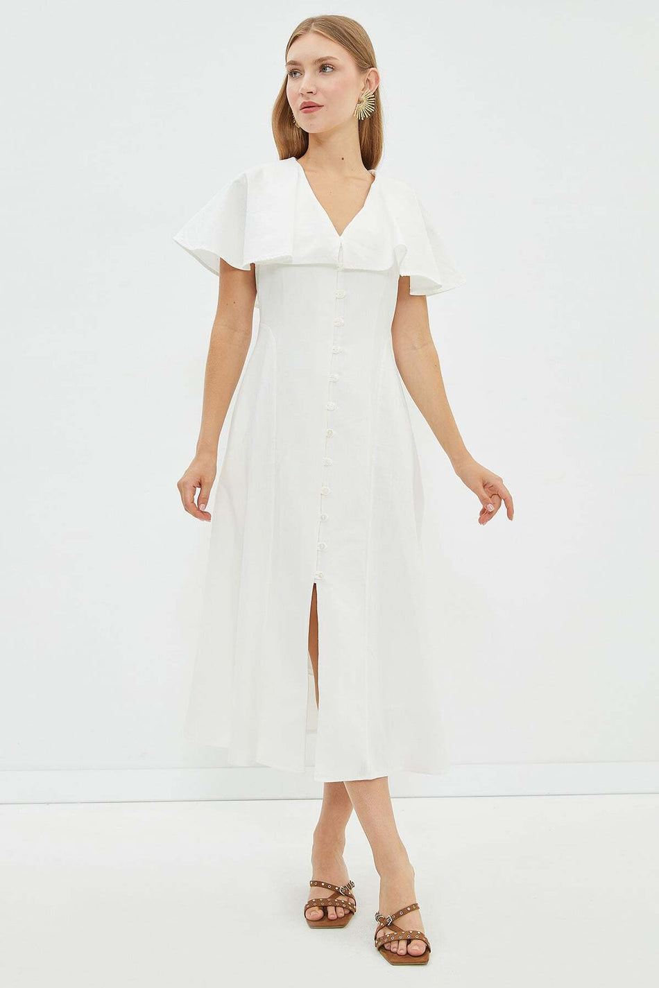 Linen Look Baby Collar Buttoned Dress - MALLTURK