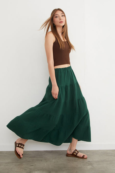 Linen Look Skirt with Elastic Waist - MALLTURK