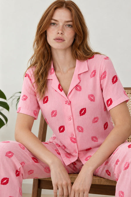 Lip Patterned Pajama Set 4646-Pink - MALLTURK