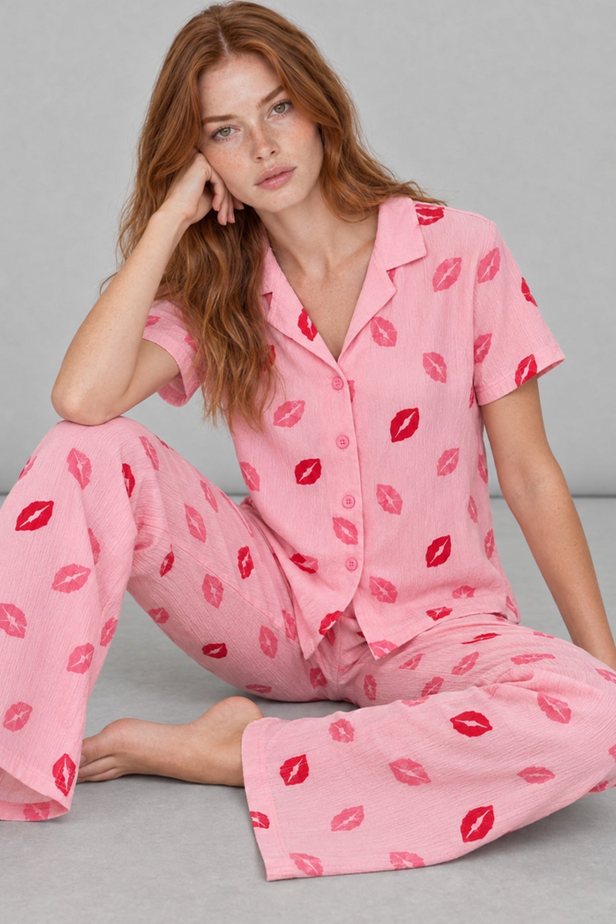 Lip Patterned Pajama Set 4646-Pink - MALLTURK