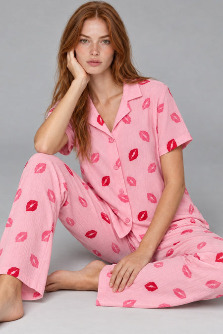 Lip Patterned Pajama Set 4646-Pink - MALLTURK
