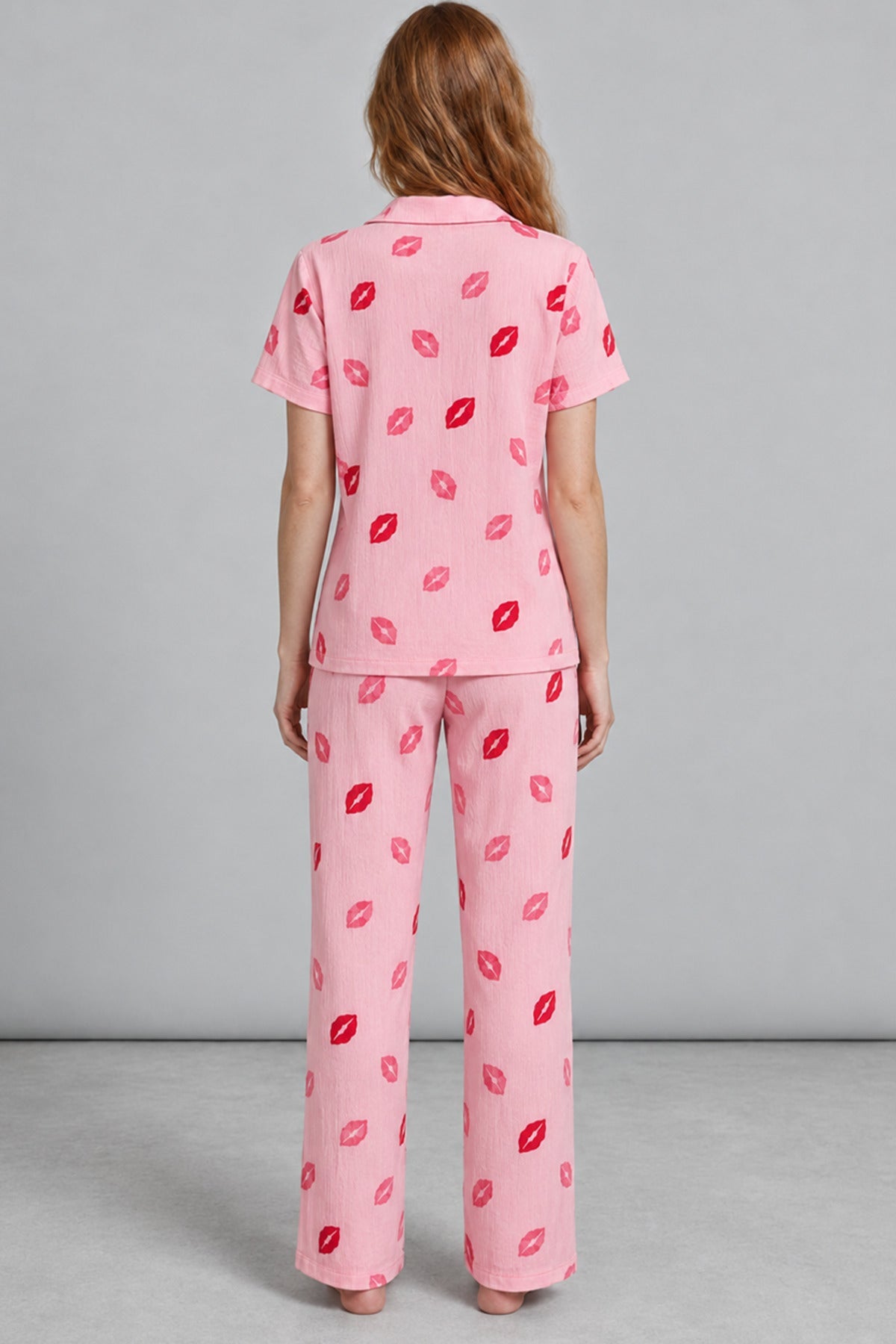 Lip Patterned Pajama Set 4646-Pink - MALLTURK