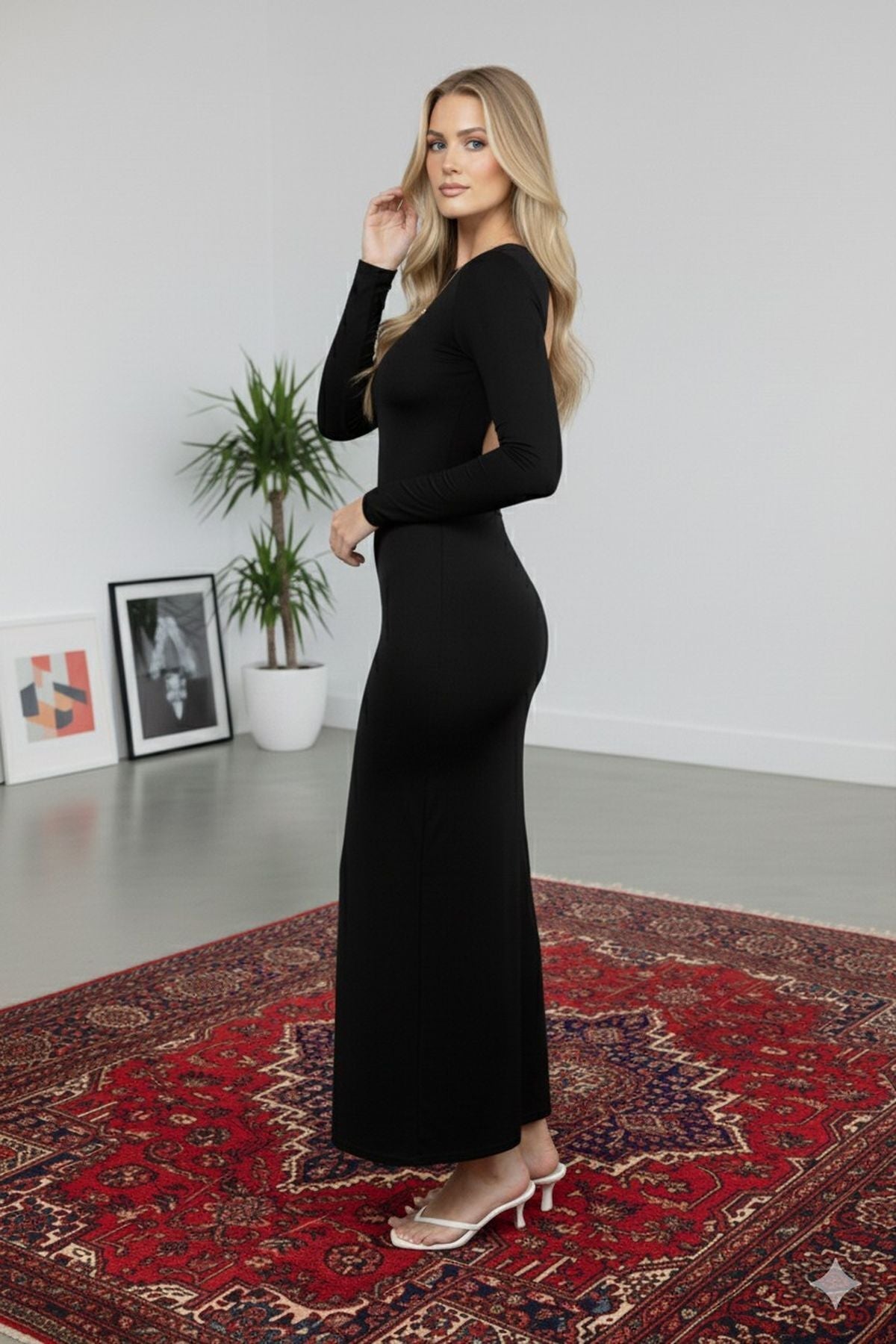 Long Sleeve Body-Hugging Stretch Fabric Maxi Dress Black - MALLTURK