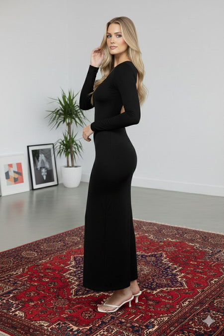 Long Sleeve Body-Hugging Stretch Fabric Maxi Dress Black - MALLTURK