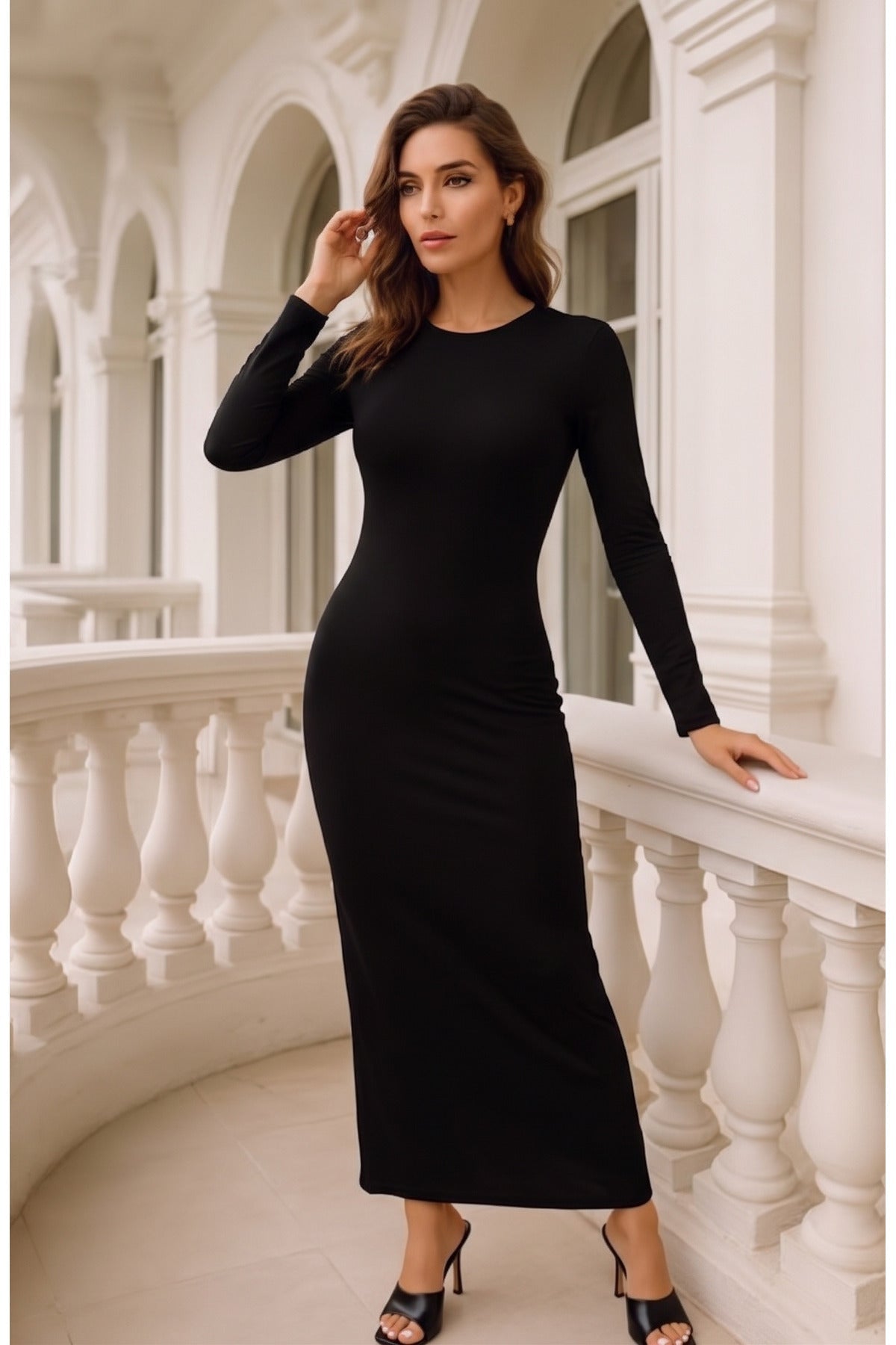 Long Sleeve Body-Hugging Stretch Fabric Maxi Dress Black - MALLTURK