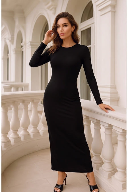 Long Sleeve Body-Hugging Stretch Fabric Maxi Dress Black - MALLTURK