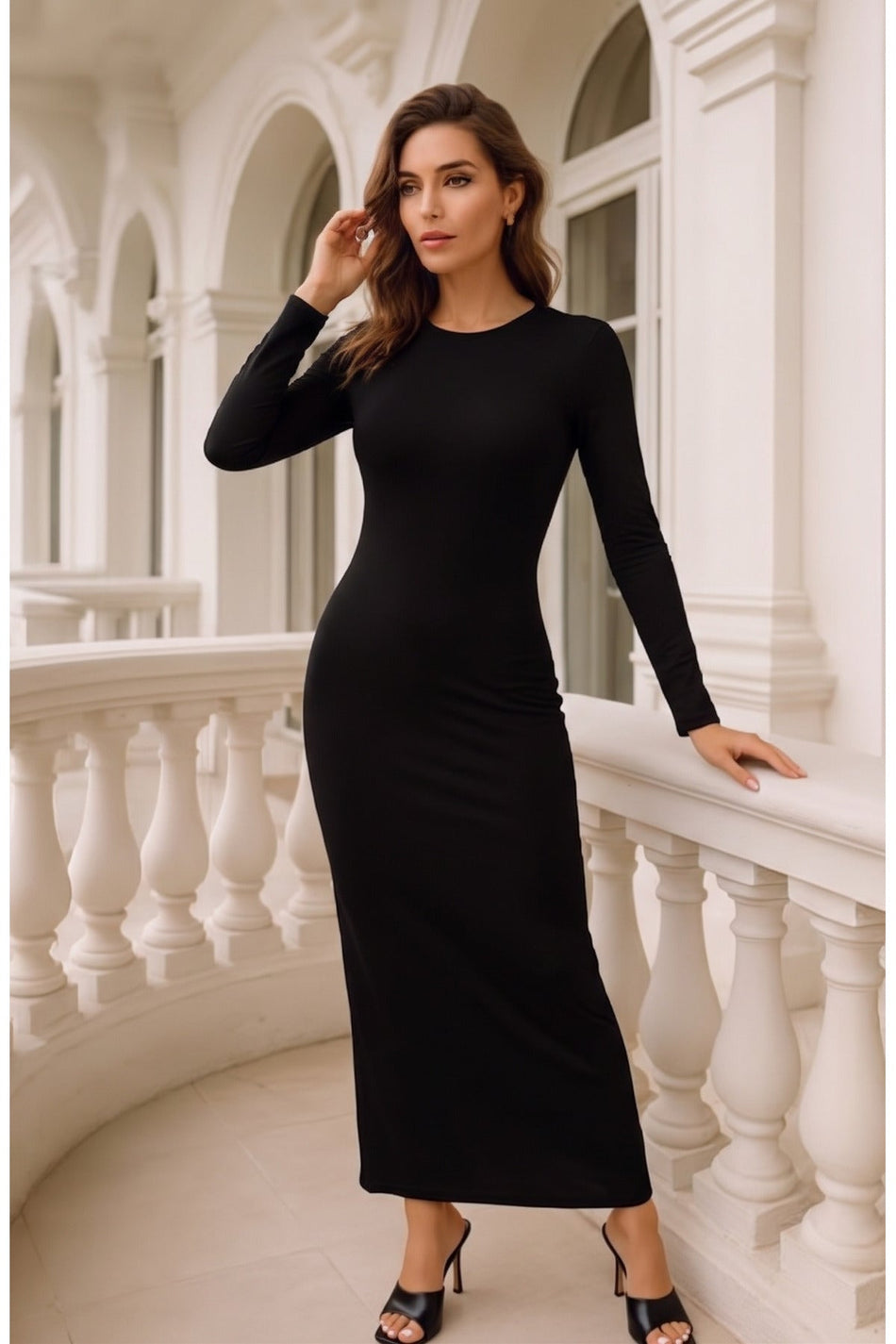 Long Sleeve Body-Hugging Stretch Fabric Maxi Dress Black - MALLTURK