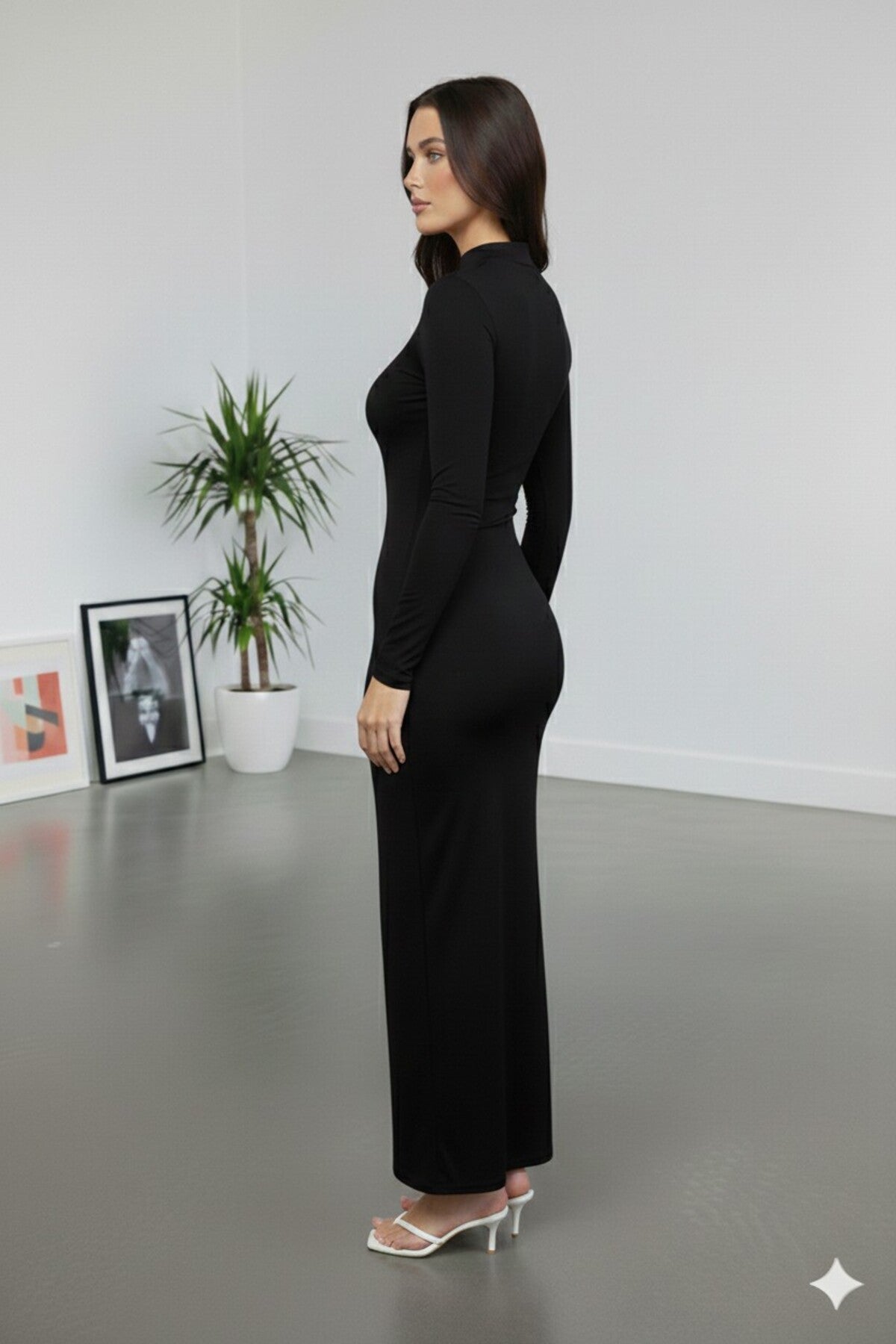 Long Sleeve Bodycon Stretch Fabric Fabric Maxi Hijab Dress Black - MALLTURK