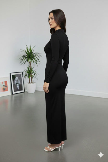 Long Sleeve Bodycon Stretch Fabric Fabric Maxi Hijab Dress Black - MALLTURK
