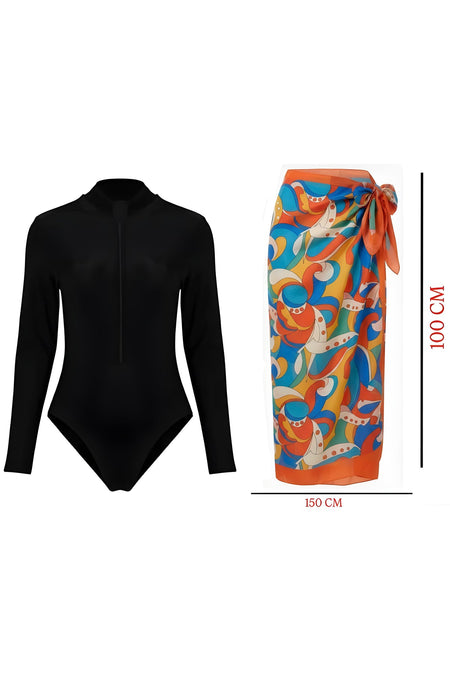 Long Sleeve Zippered Pareo Swimsuit - MALLTURK