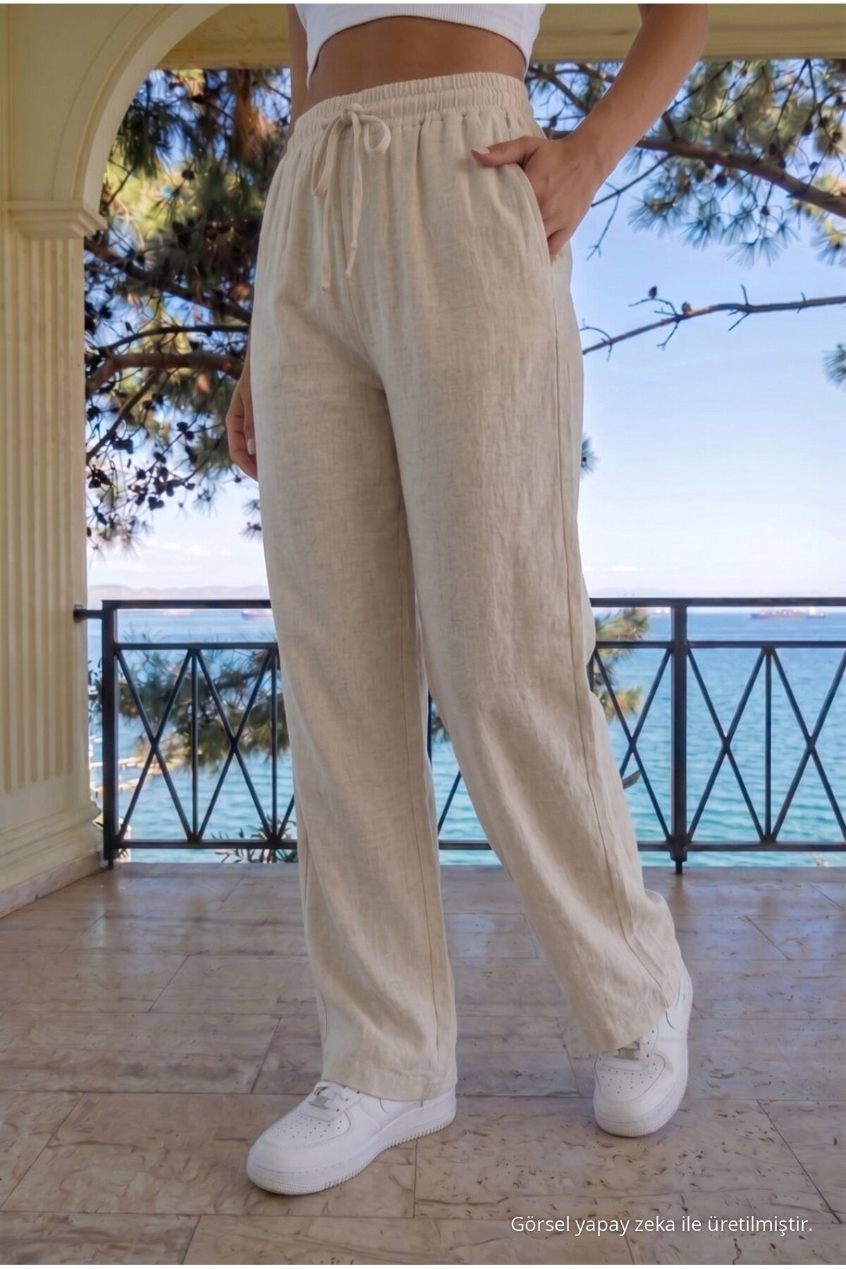 Loose-fitting, elasticated waist trousers in ecru linen blend. - MALLTURK