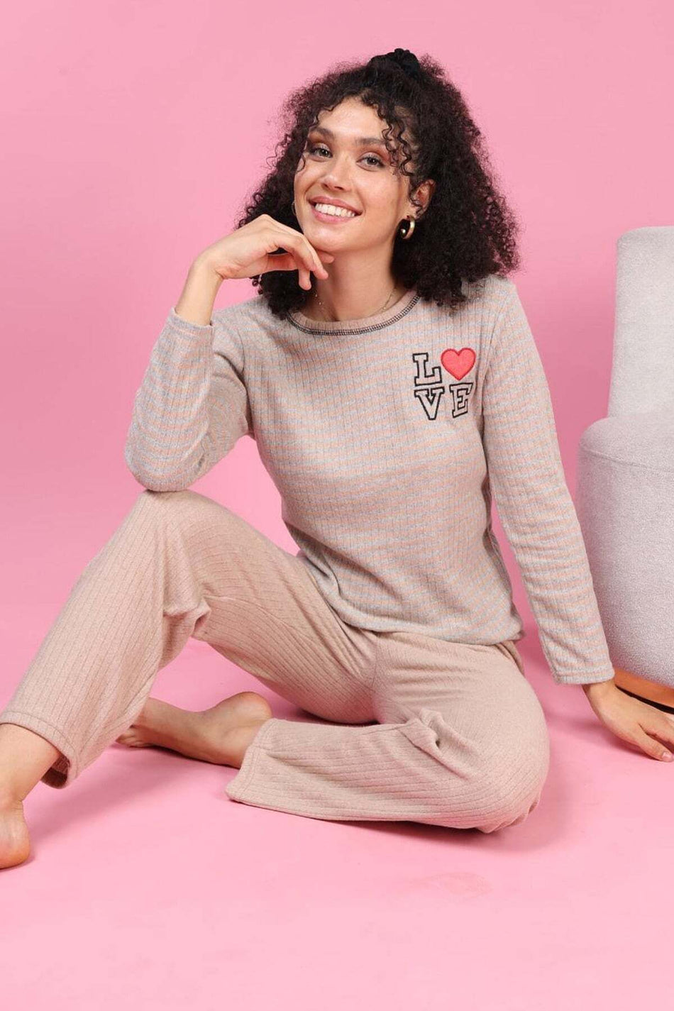 Love Embroidered Plus Size Pajama Set - MALLTURK
