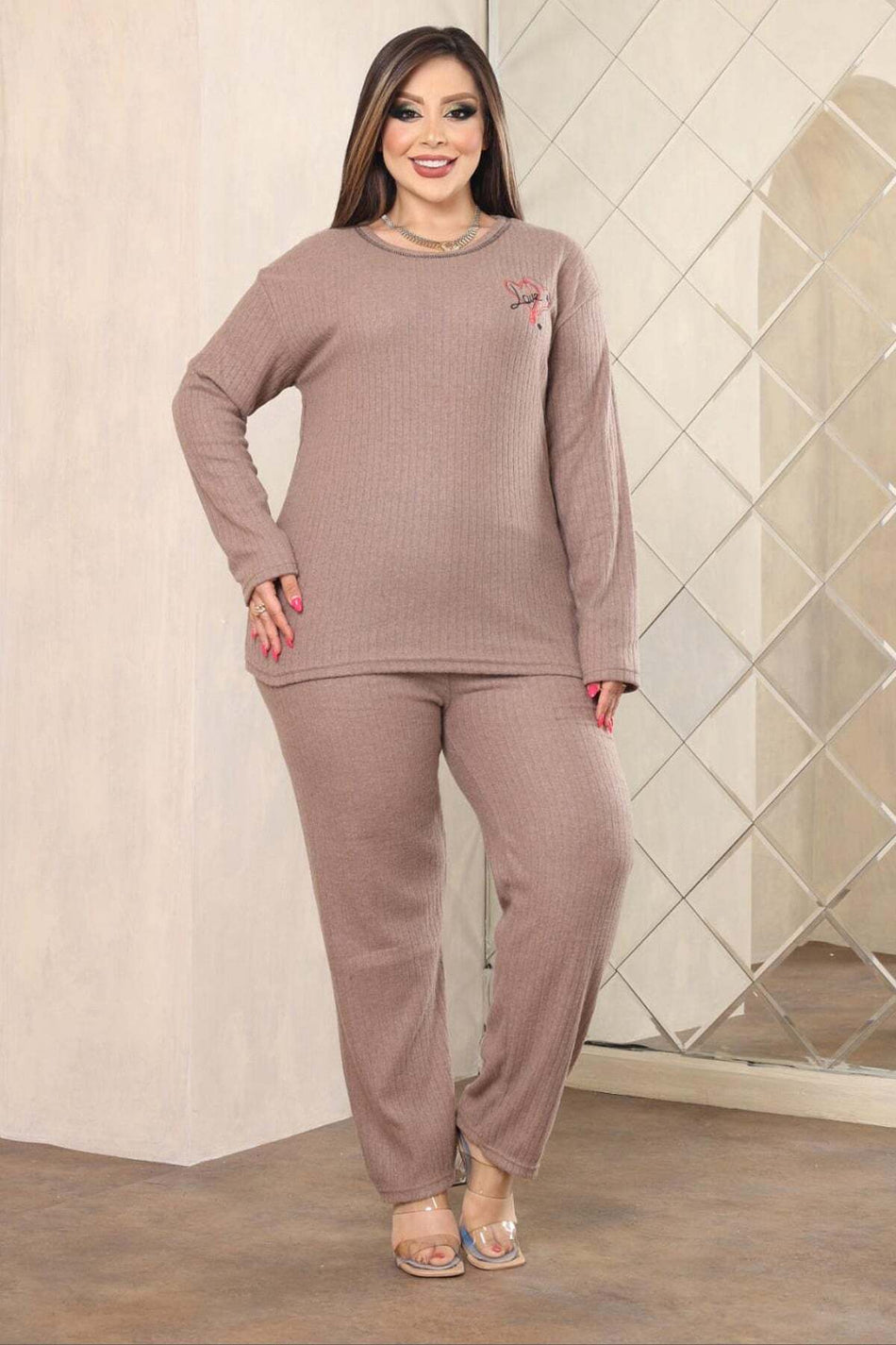 Love Embroidered Plus Size Pajama Set - MALLTURK
