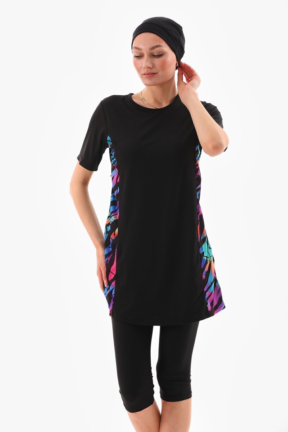 Lycra Half Closed Hijab Swimsuit Black Color Patterned - MALLTURK