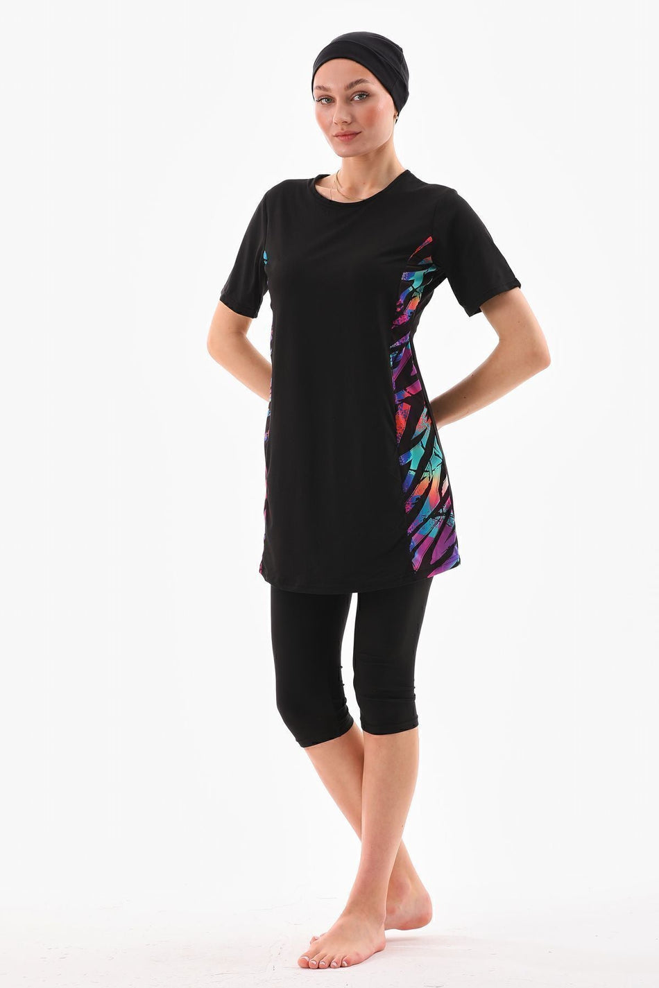 Lycra Half Closed Hijab Swimsuit Black Color Patterned - MALLTURK