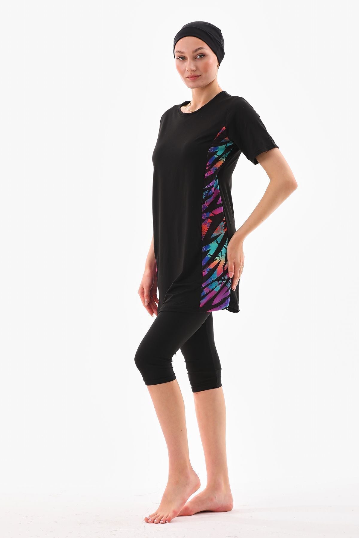 Lycra Half Closed Hijab Swimsuit Black Color Patterned - MALLTURK
