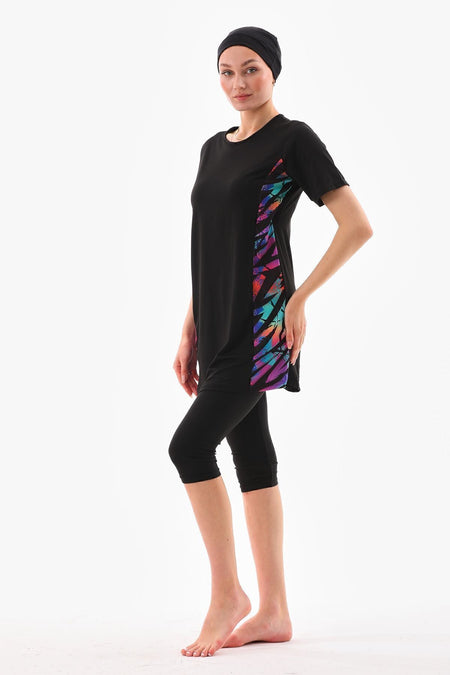 Lycra Half Closed Hijab Swimsuit Black Color Patterned - MALLTURK