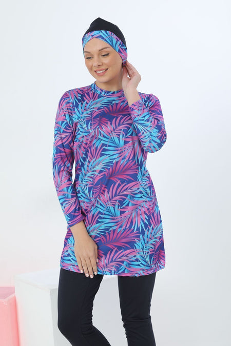 Lycra Patterned Fully Covered Hijab Swimsuit Pink Blue - MALLTURK
