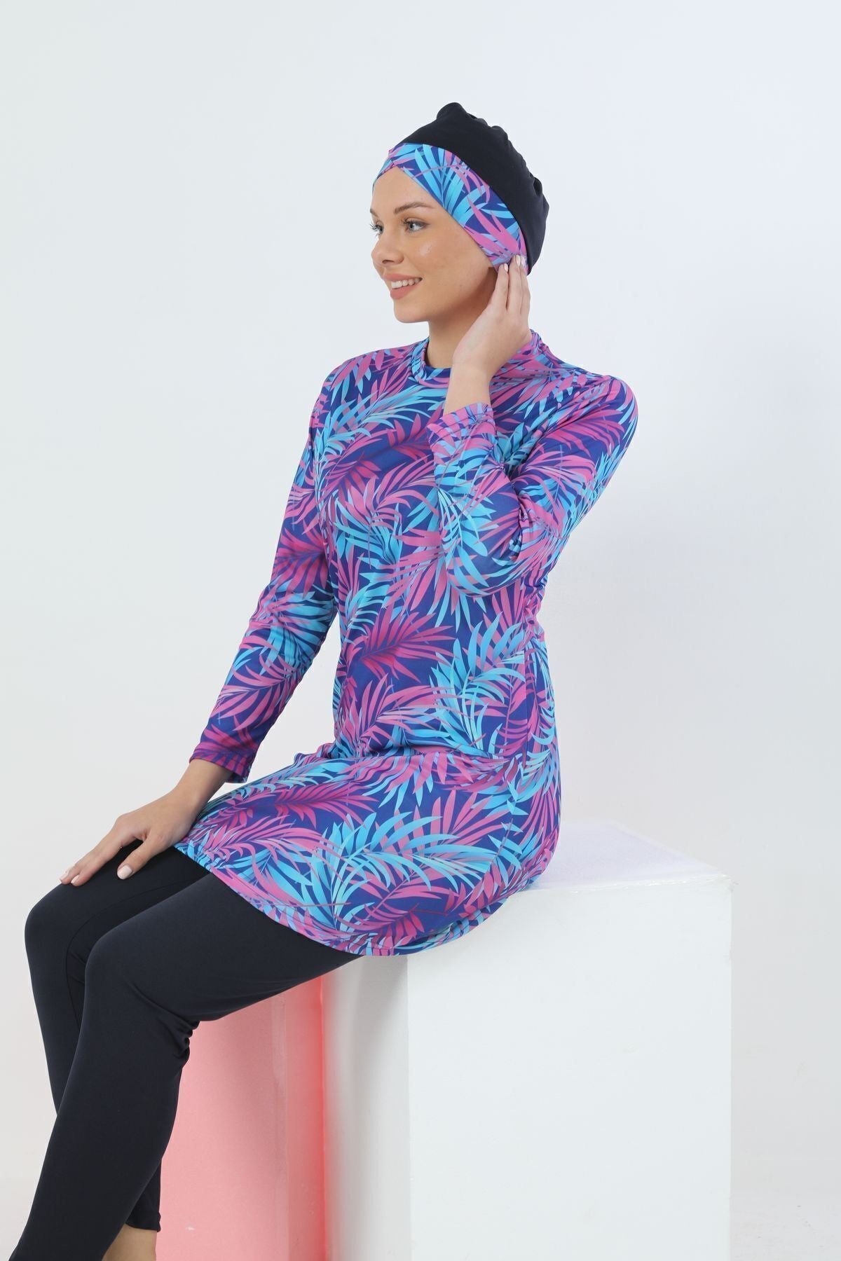 Lycra Patterned Fully Covered Hijab Swimsuit Pink Blue - MALLTURK