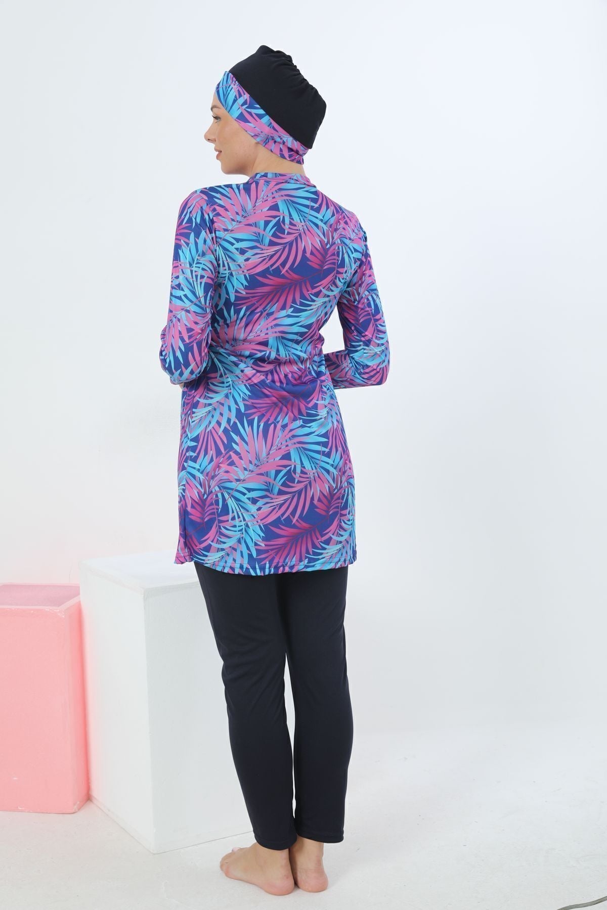 Lycra Patterned Fully Covered Hijab Swimsuit Pink Blue - MALLTURK