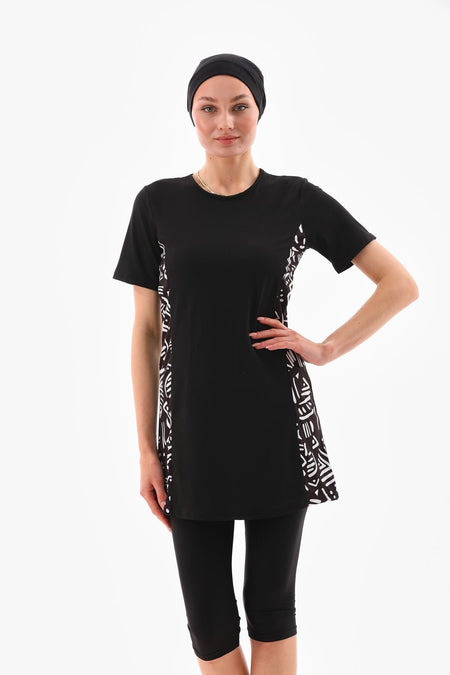 Lycra Semi-Closed Hijab Swimsuit Black and White Patterned - MALLTURK