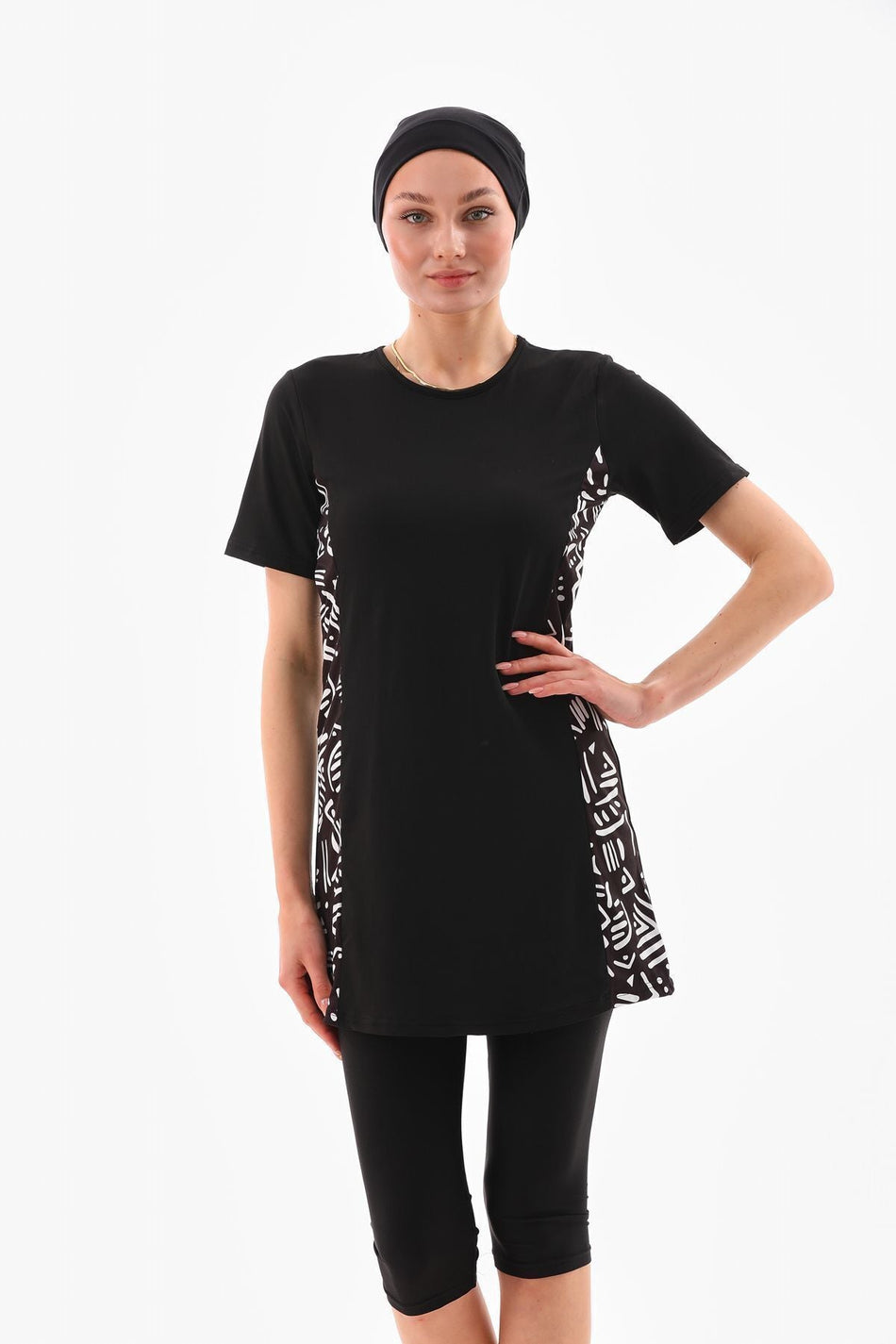 Lycra Semi-Closed Hijab Swimsuit Black and White Patterned - MALLTURK