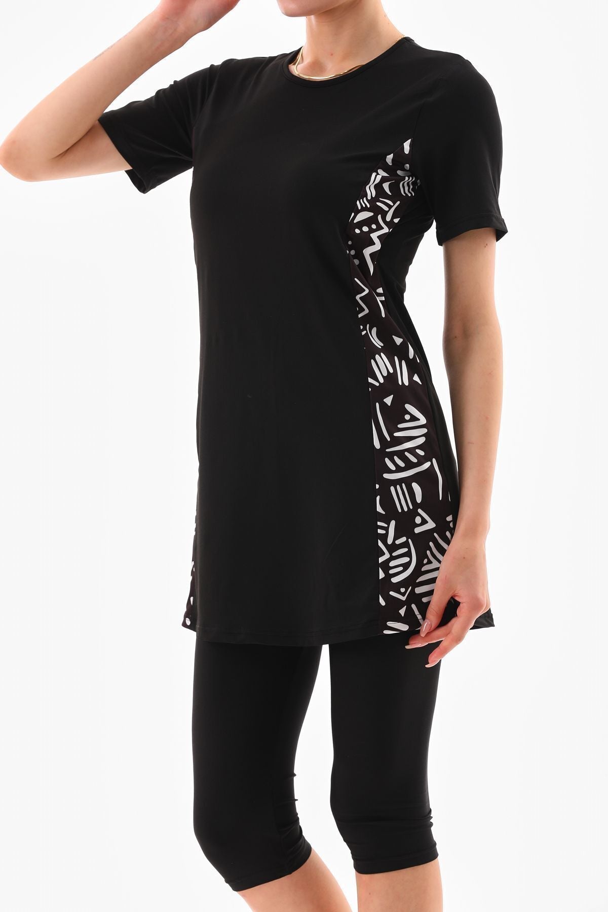 Lycra Semi-Closed Hijab Swimsuit Black and White Patterned - MALLTURK