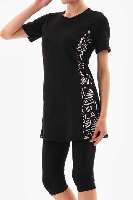 Lycra Semi-Closed Hijab Swimsuit Black and White Patterned - MALLTURK