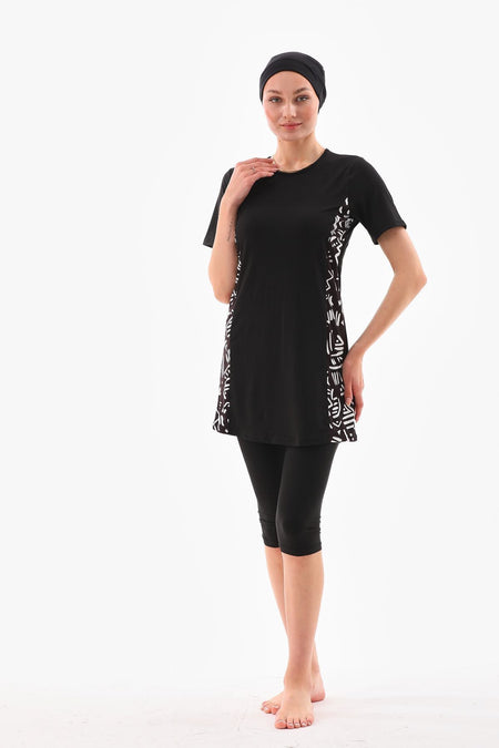 Lycra Semi-Closed Hijab Swimsuit Black and White Patterned - MALLTURK