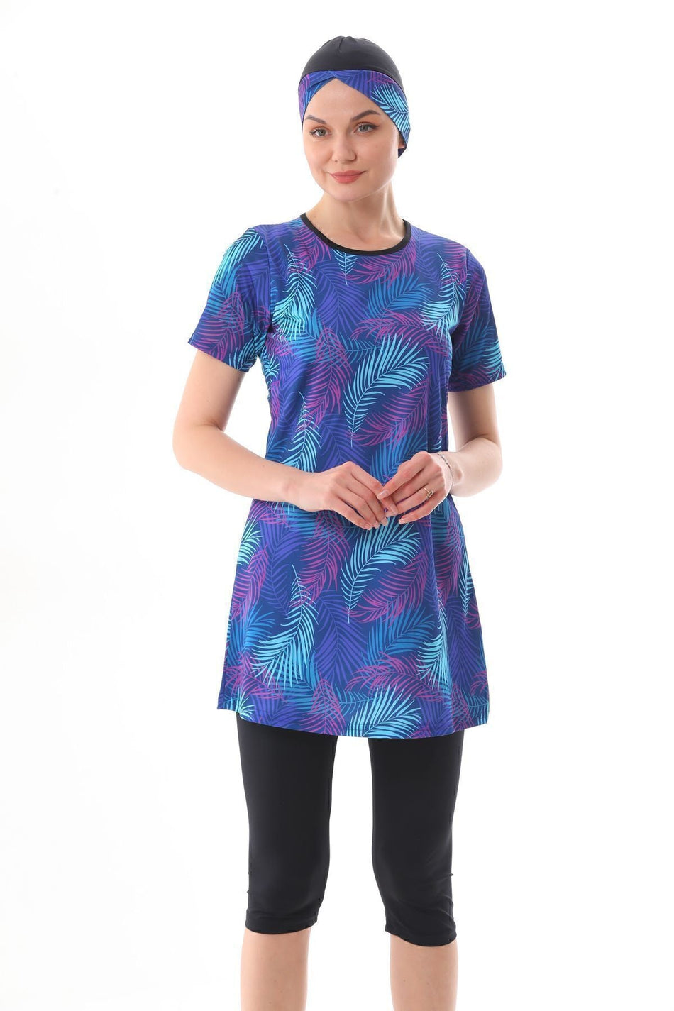 Lycra Semi-Closed Patterned Hijab Swimsuit Blue - MALLTURK