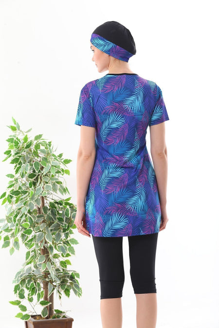 Lycra Semi-Closed Patterned Hijab Swimsuit Blue - MALLTURK